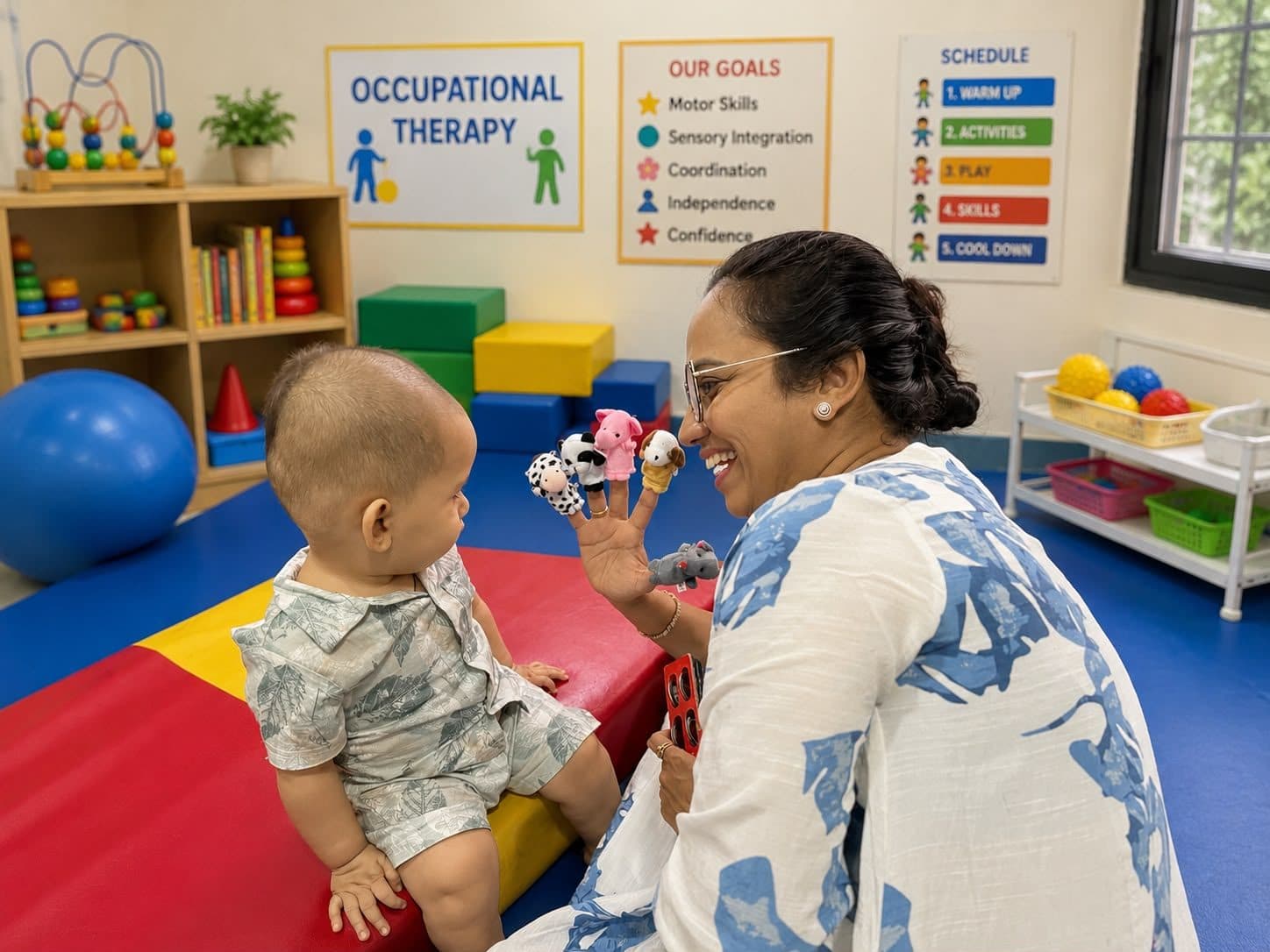 Dr. Sharuja engaging a baby with colourful animal finger puppets