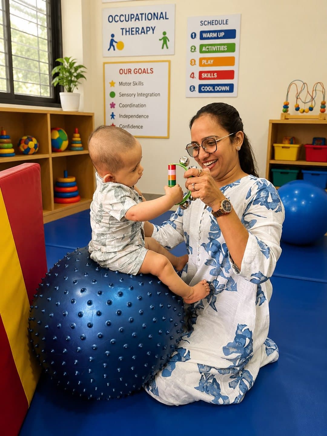 Dr. Sharuja smiling with a baby on a textured therapy ball during a playful sensory session